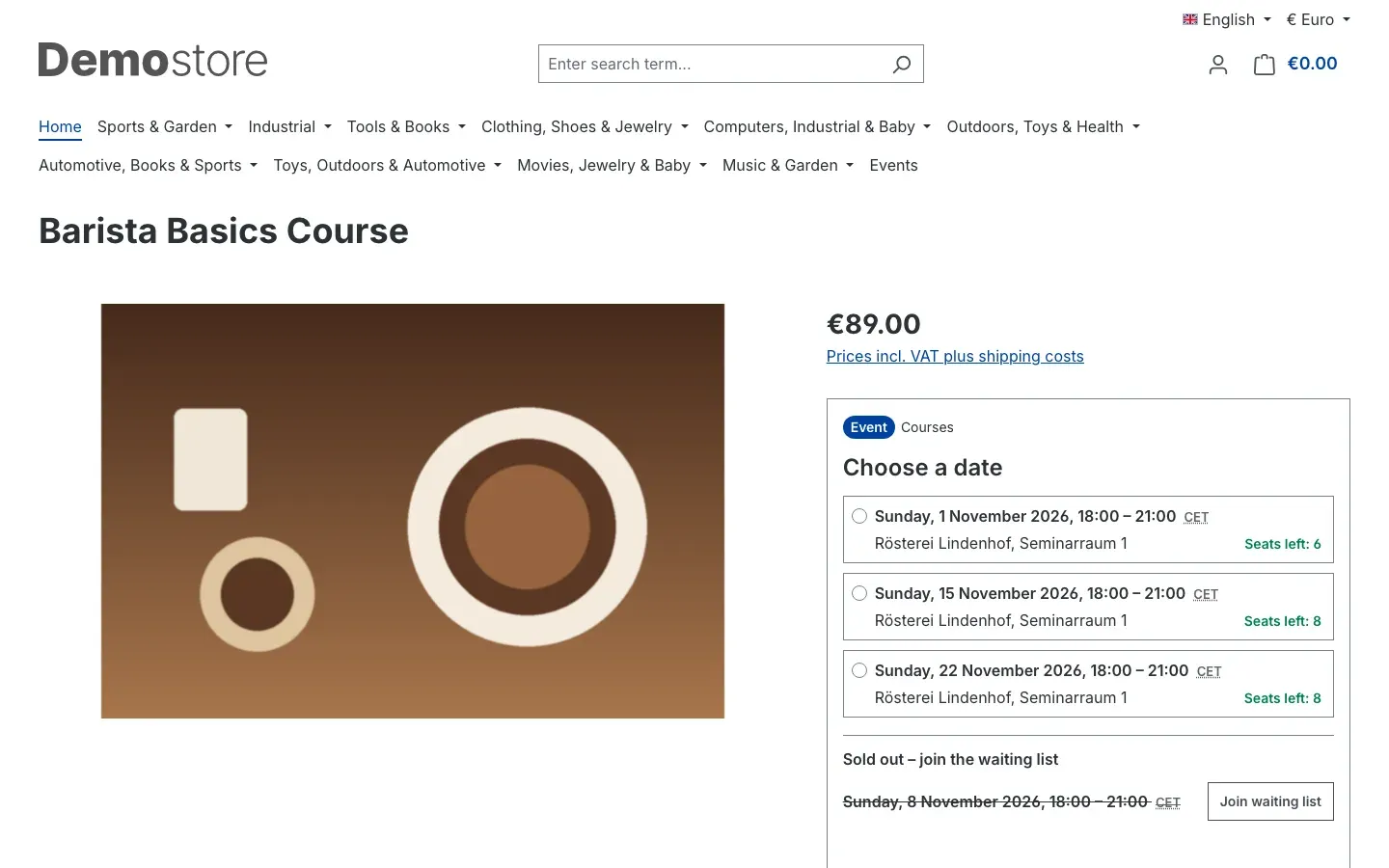 Date selection on the product page