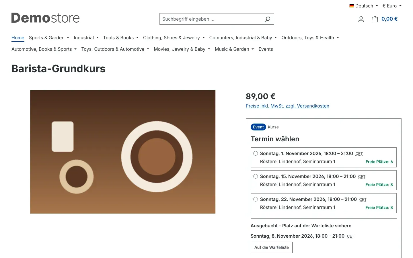 Terminauswahl auf der Produktseite
