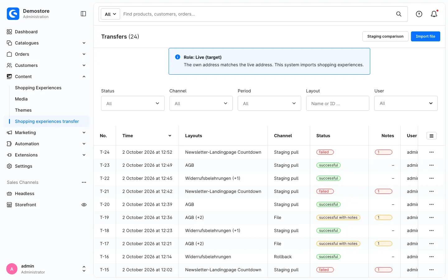 Transfer list with filters and status
