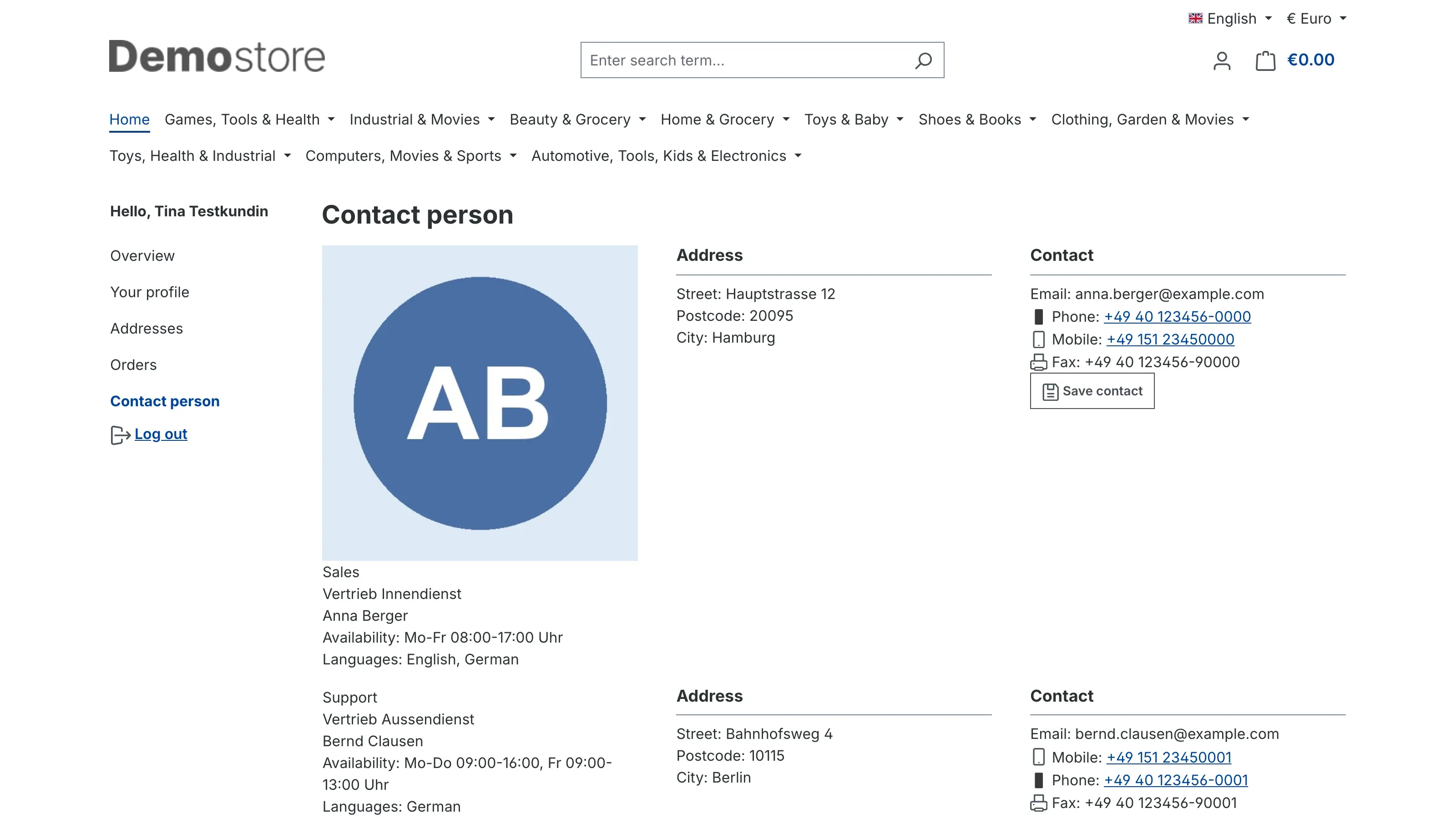 The "Contact person" page in the customer account
