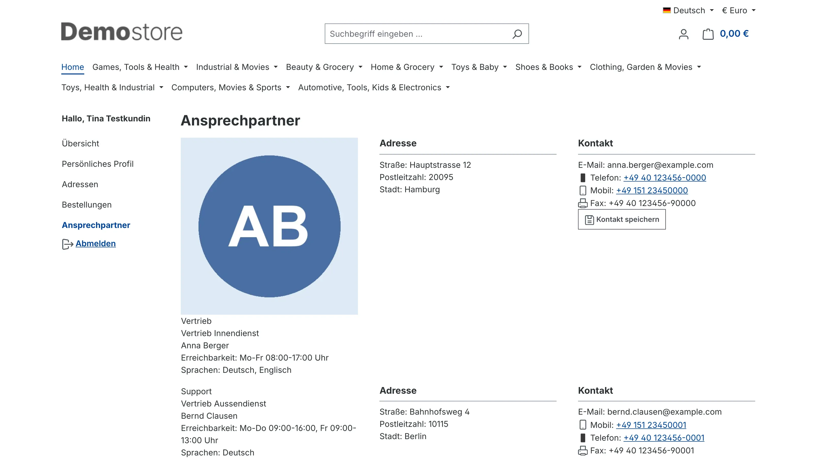 Die Seite „Ansprechpartner" im Kundenkonto