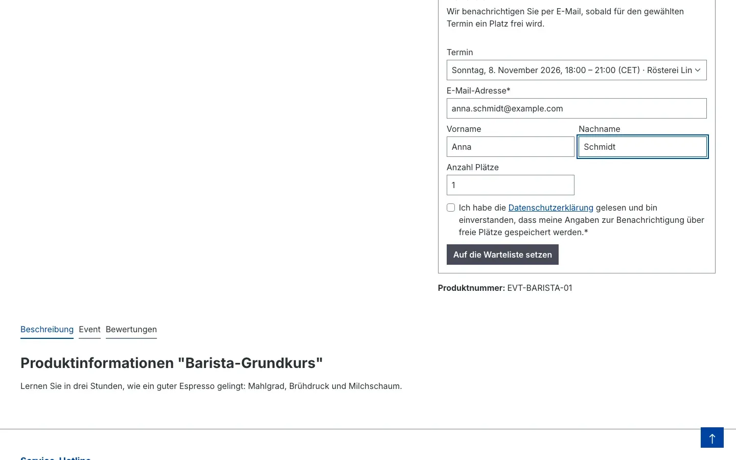 Wartelisten-Formular im Shop