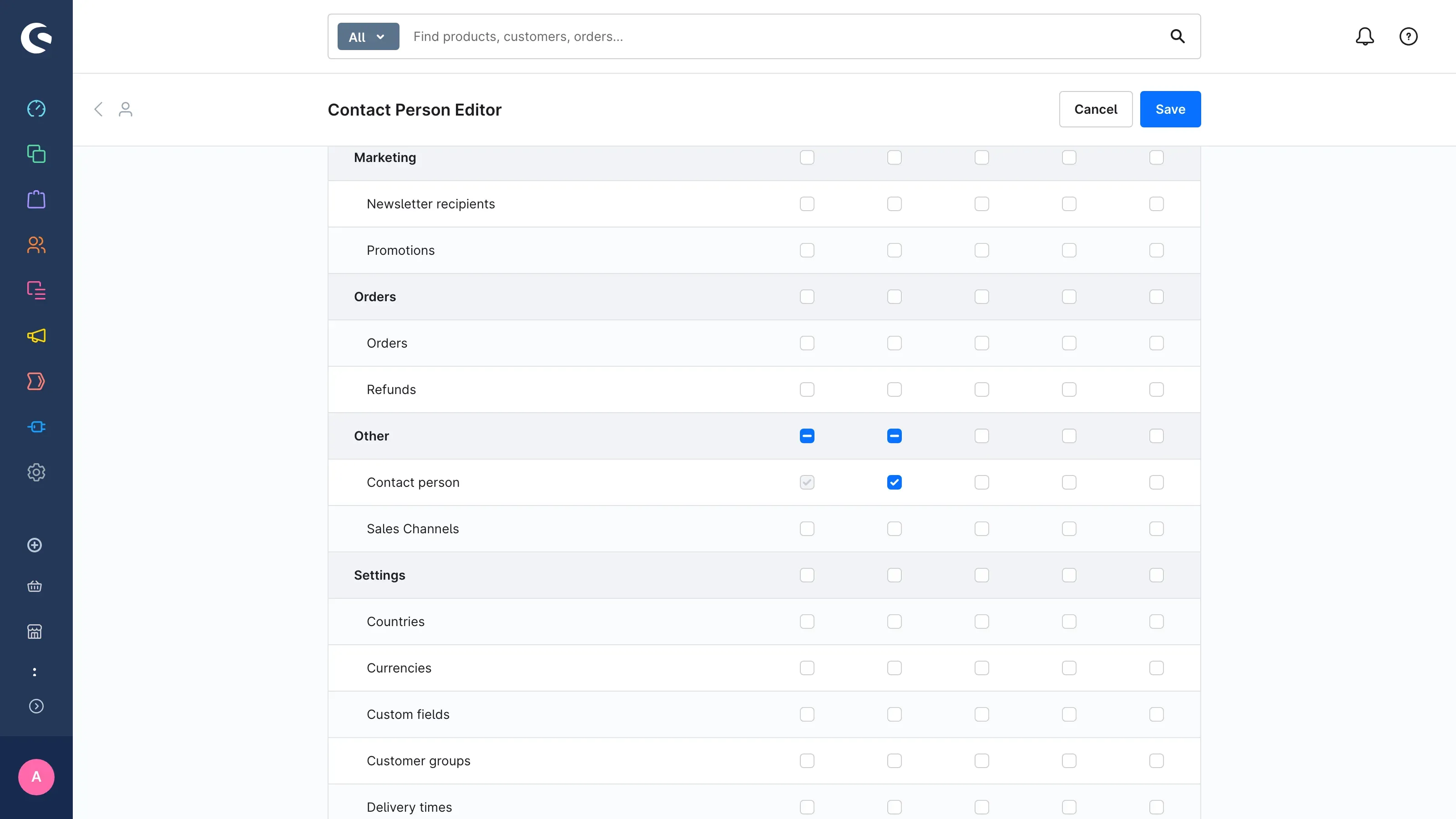 The "Contact person" row in a role's permissions