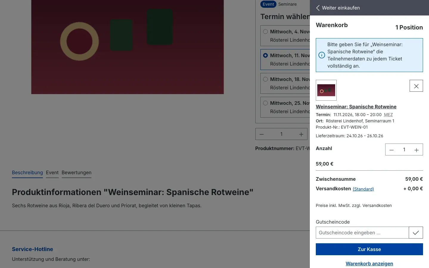 Mini-Warenkorb mit Event-Position