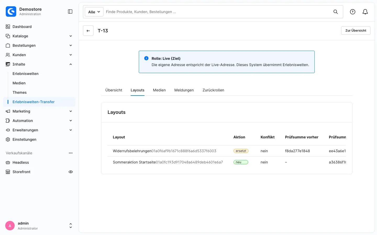 Reiter „Layouts“ eines Transfers