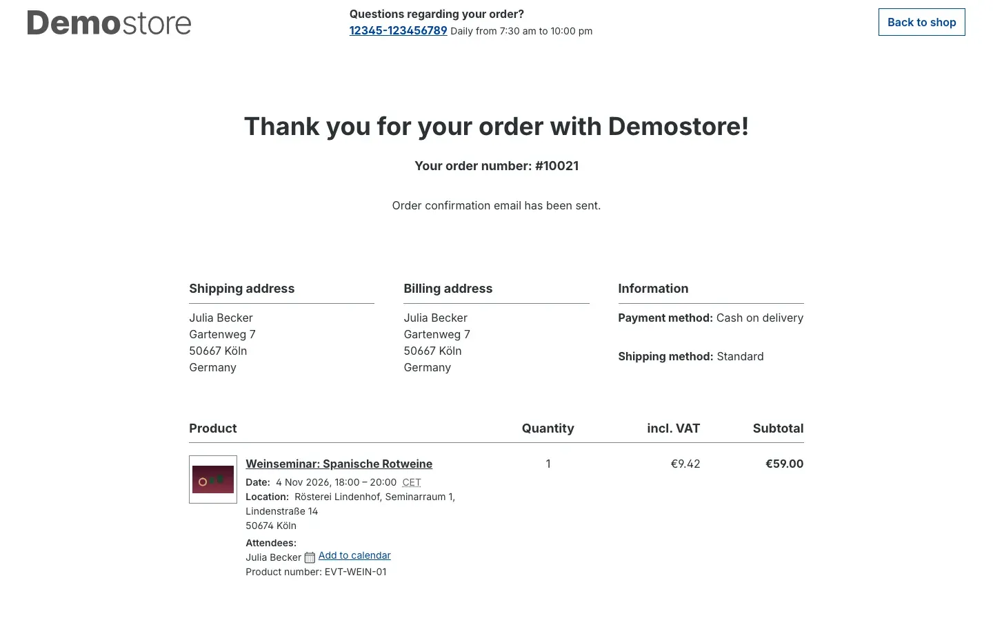 Order confirmation with event details