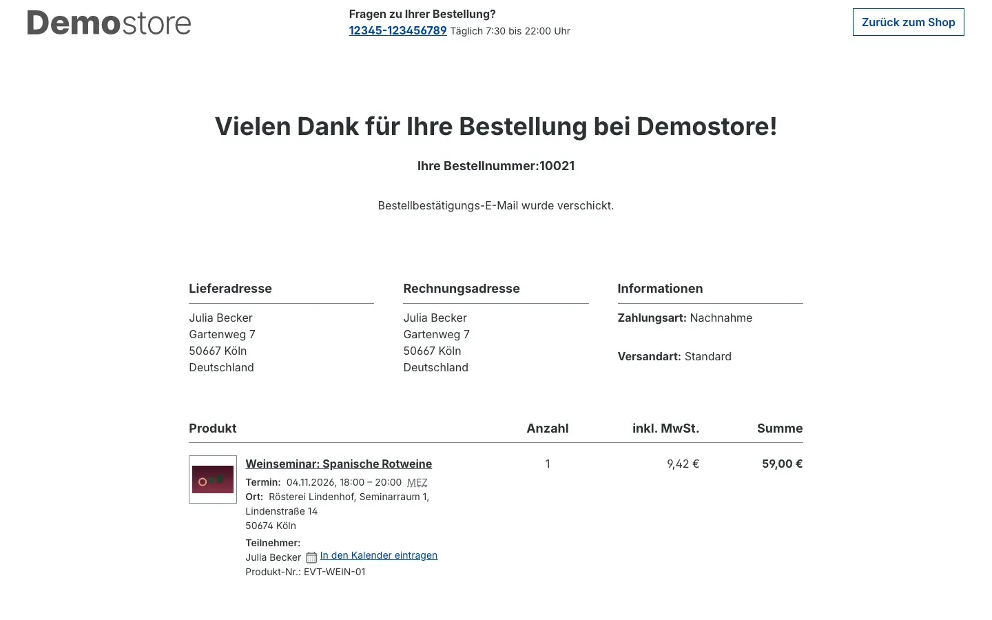 Bestellabschluss mit Event-Infos