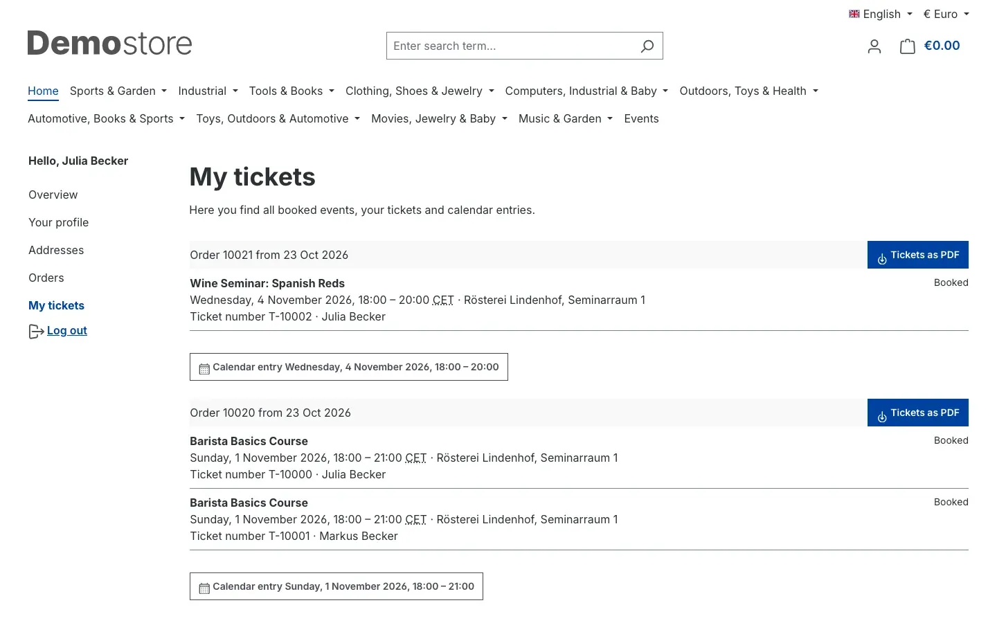 Account page My tickets