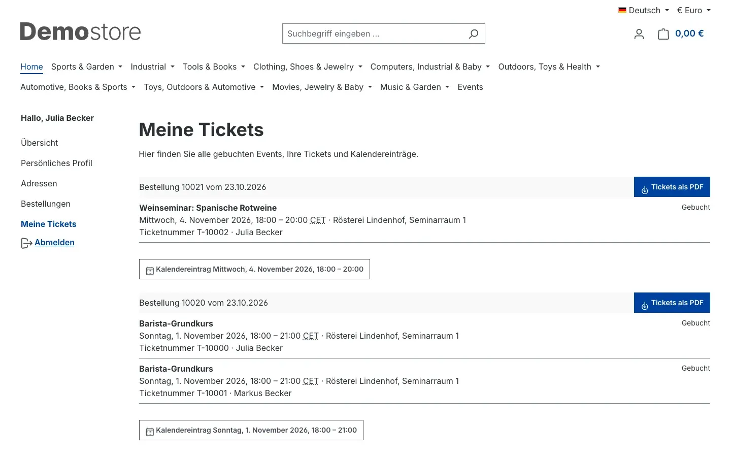 Konto-Seite Meine Tickets