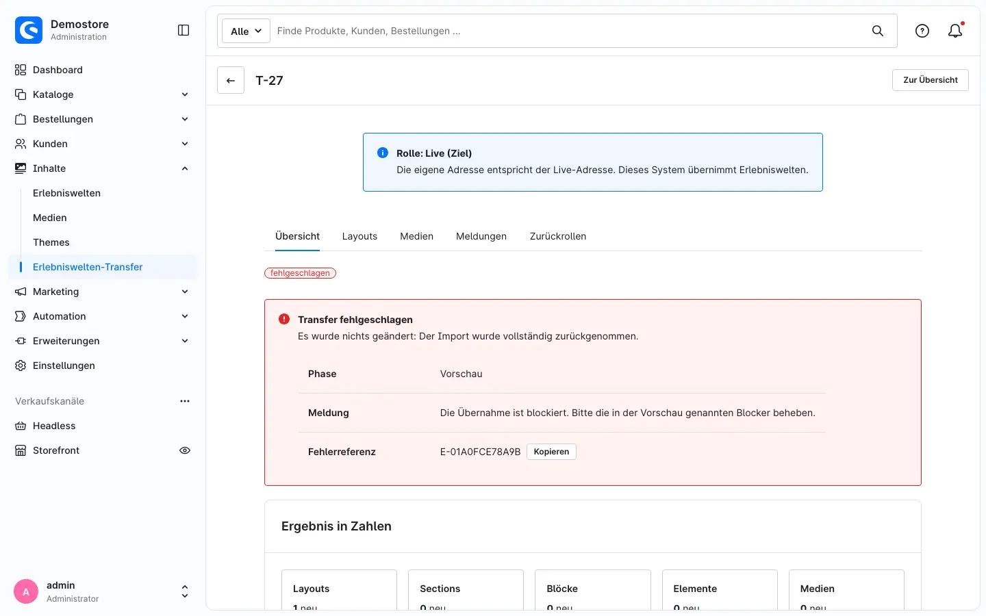 Detailansicht eines fehlgeschlagenen Transfers