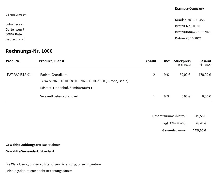 Invoice with event details