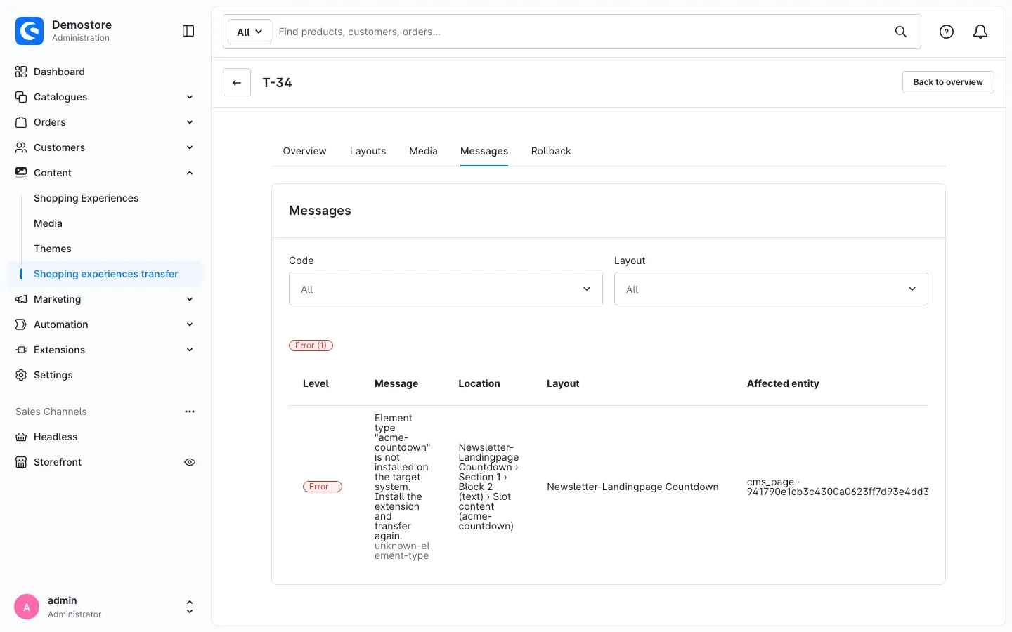 "Messages" tab of a failed transfer