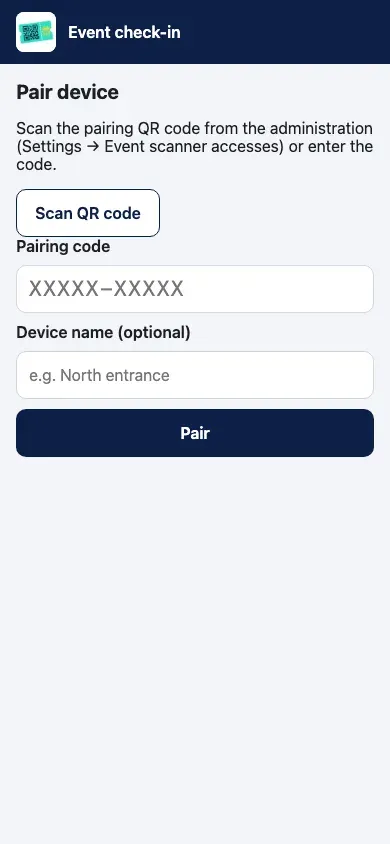 Start screen of the entry app
