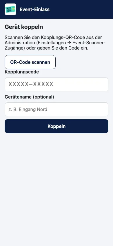 Startbildschirm der Einlass-App