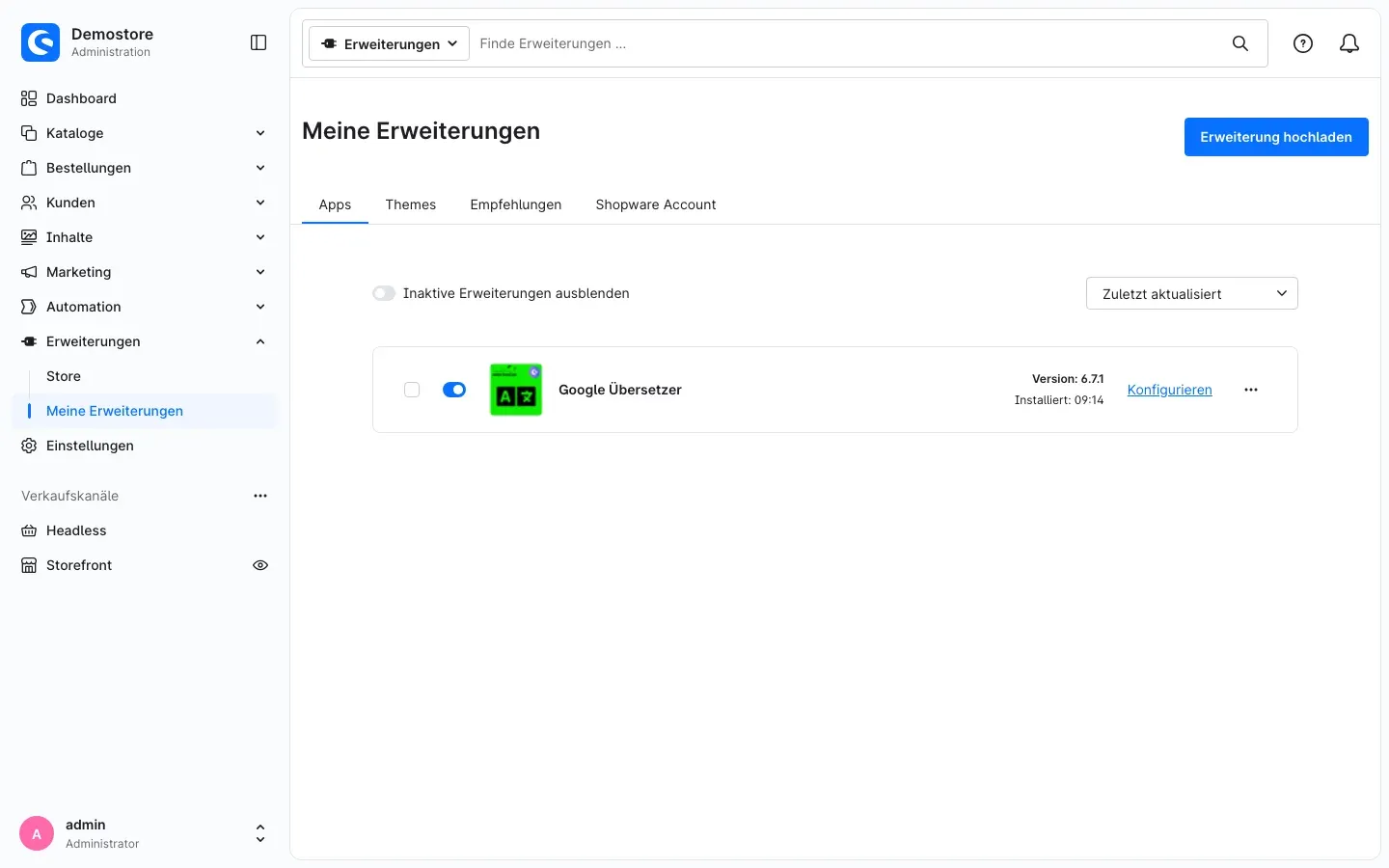 Google Übersetzer unter Meine Erweiterungen, installiert und aktiv