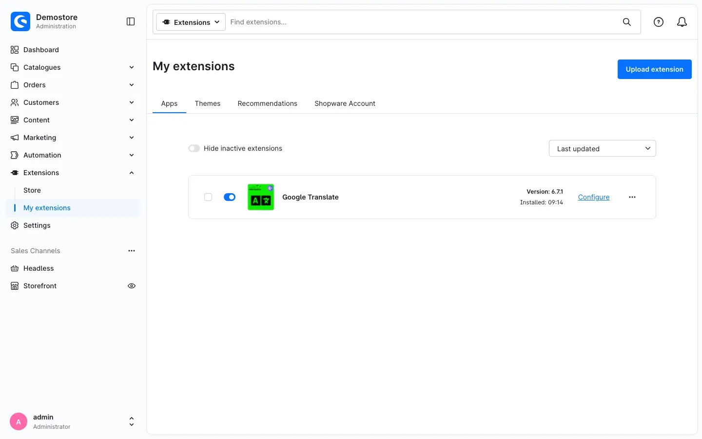 Google Translate under My extensions, installed and active