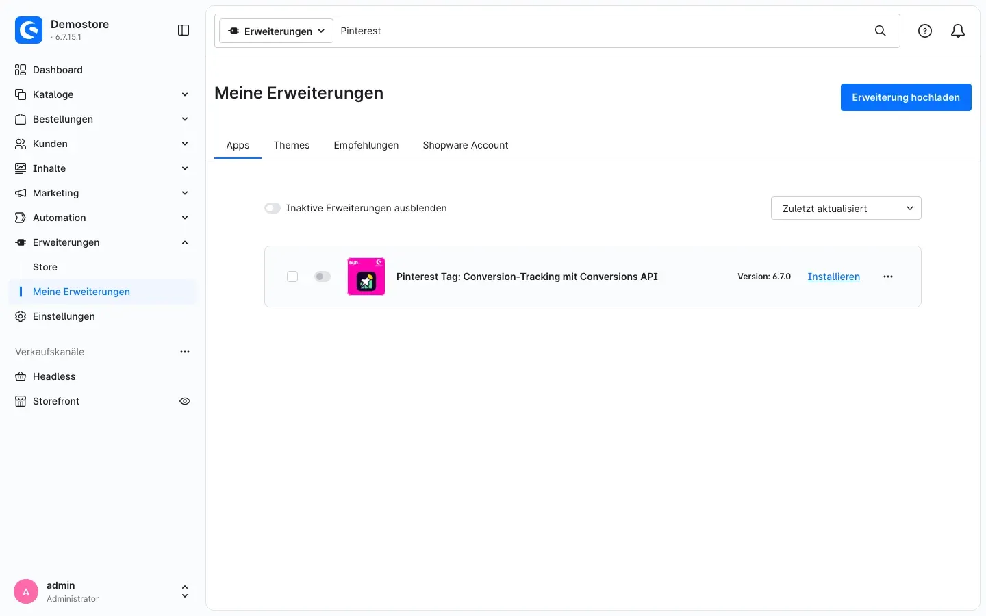 Plugin in „Meine Erweiterungen“ vor der Installation