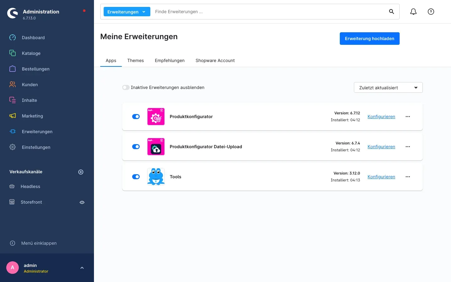 Meine Erweiterungen mit installiertem und aktiviertem Plugin