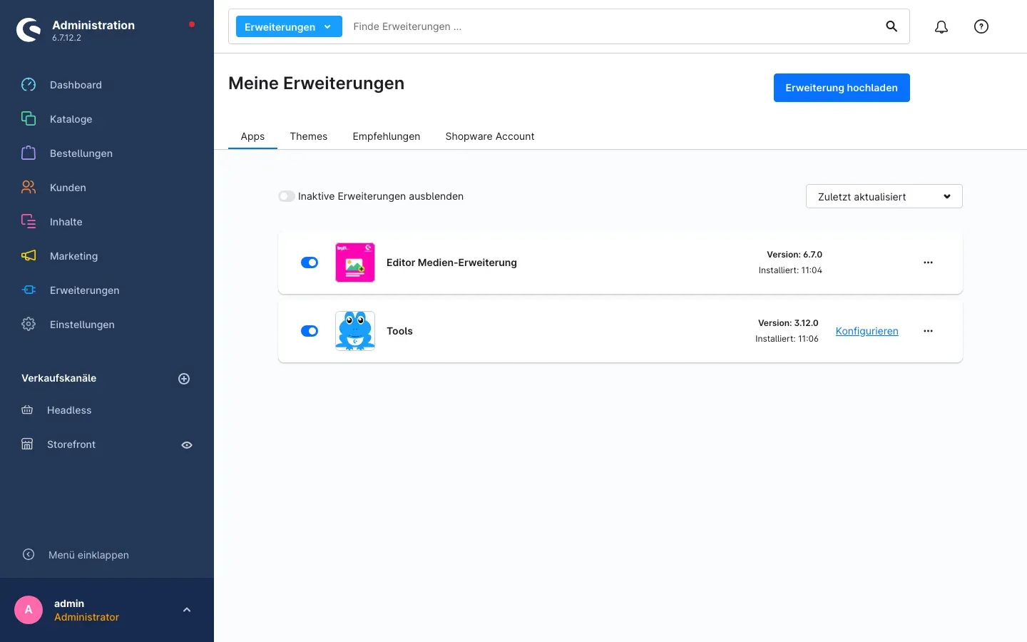 Erweiterungen: Editor Medien-Erweiterung installiert und aktiv
