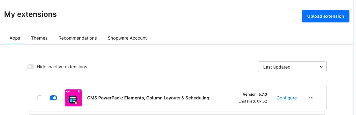 The plugin in “My extensions”: installed, active, with the link “Configure”