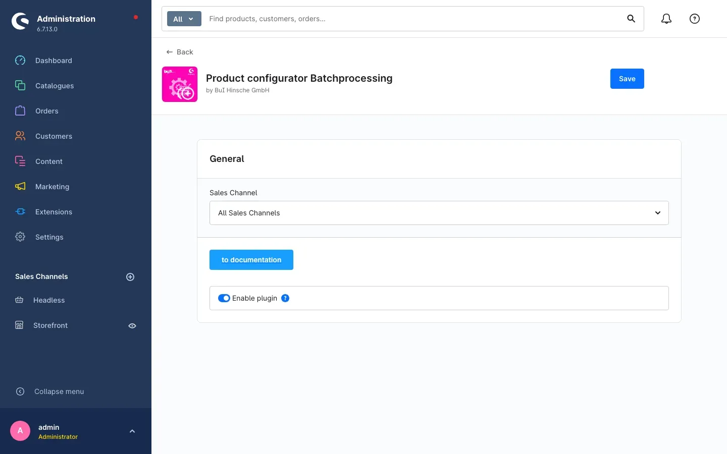 Settings page of the plugin with the "Enable plugin" toggle