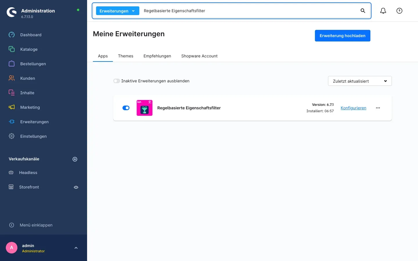 Das installierte und aktivierte Plugin in der Übersicht „Meine Erweiterungen“
