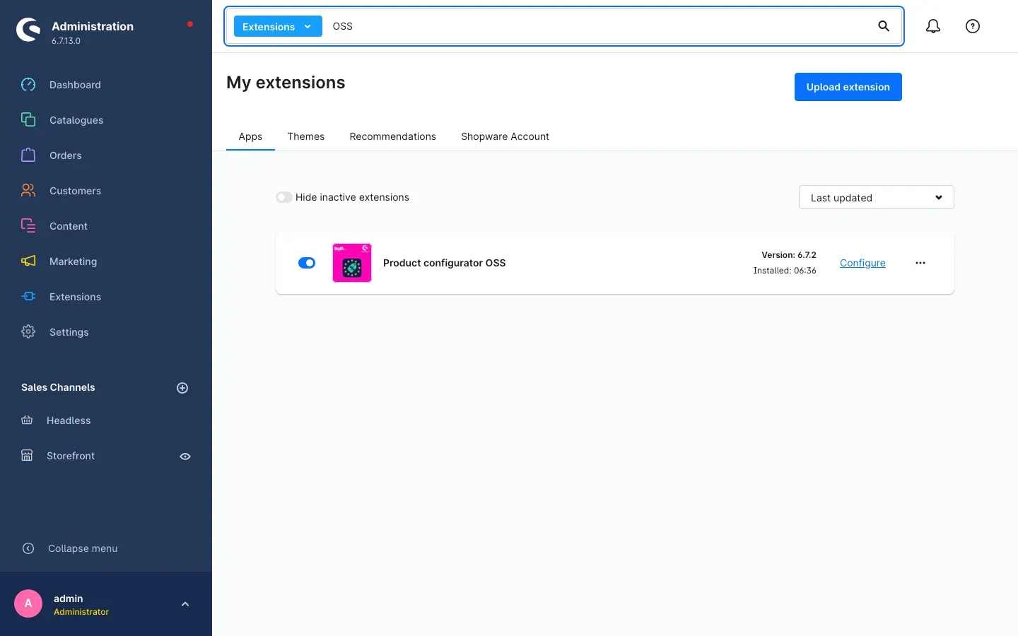 Product configurator OSS in "My extensions", installed and active
