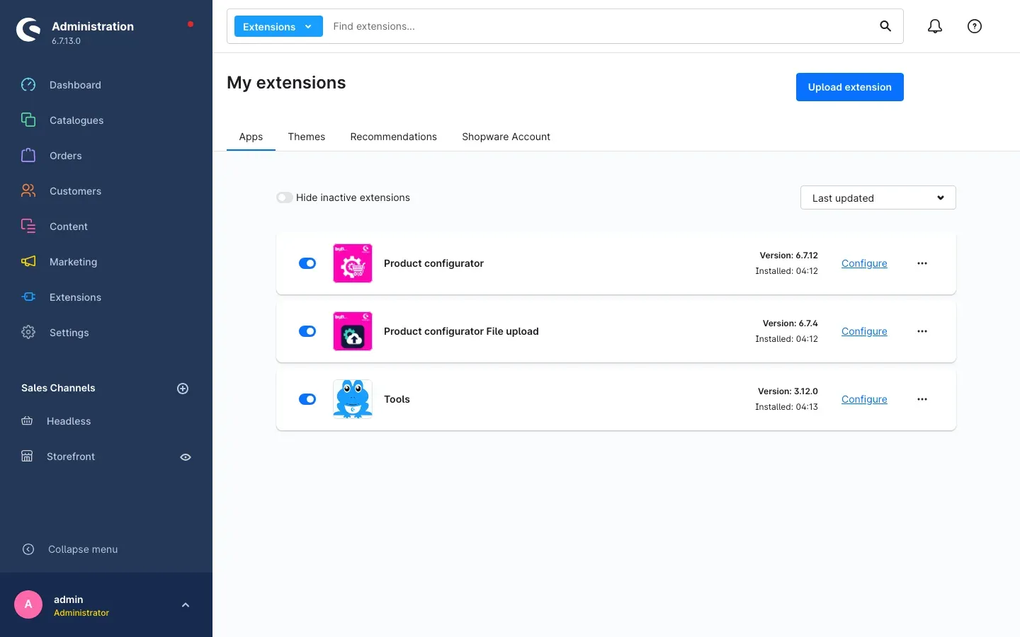 My extensions with the plugin installed and active