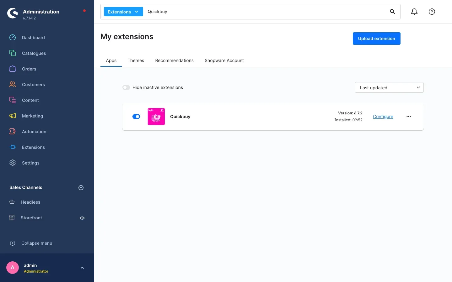 Quickbuy under My extensions: installed and active