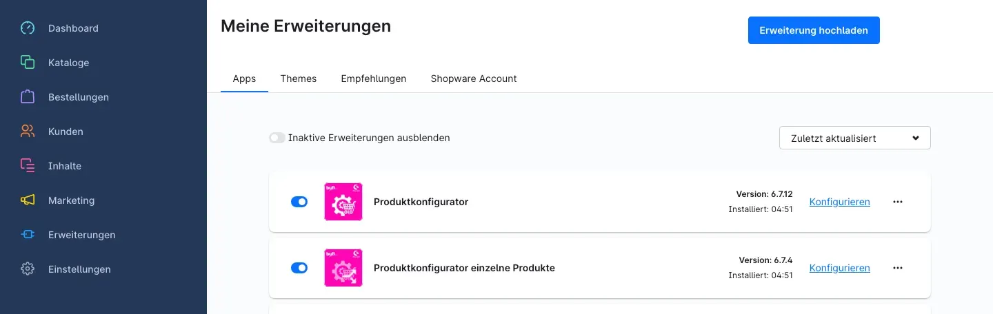 Meine Erweiterungen mit installiertem und aktivem Add-on