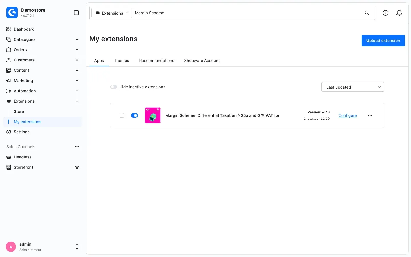 The plugin under "My extensions", installed and active