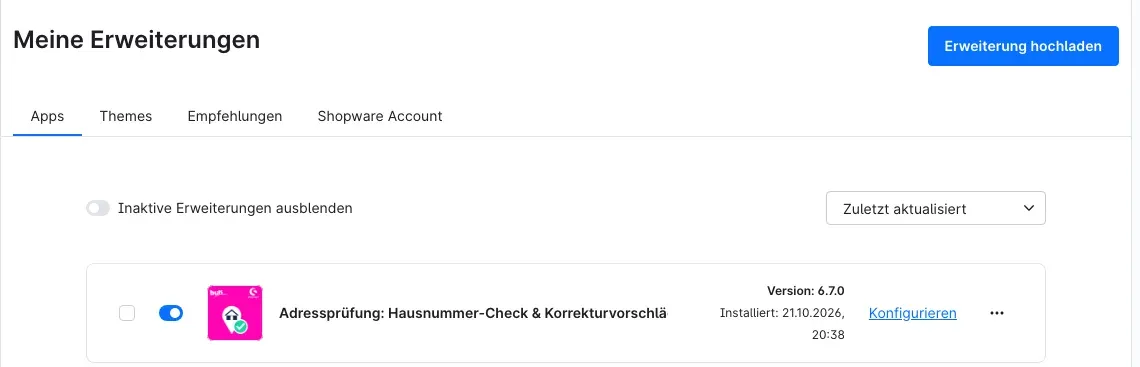 Plugin in „Meine Erweiterungen“
