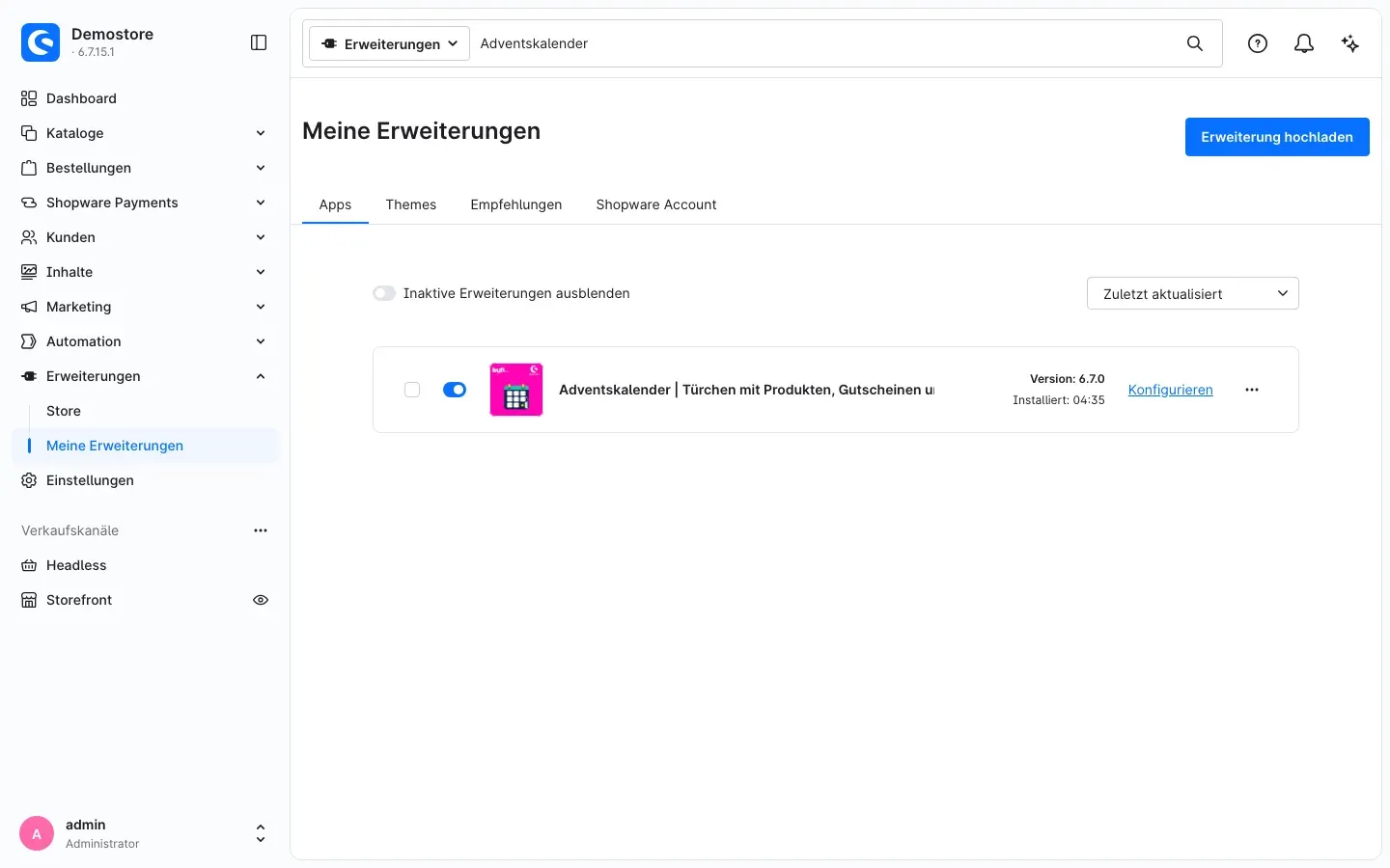 Das Plugin in „Meine Erweiterungen“