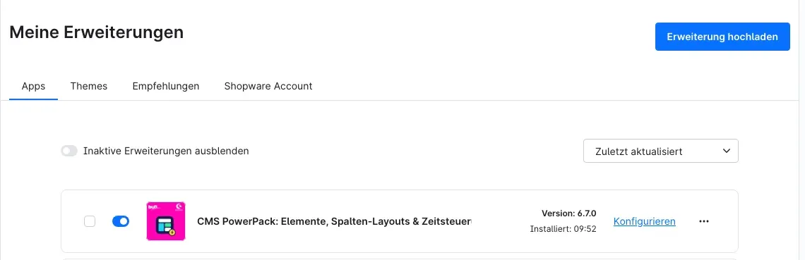 Das Plugin in „Meine Erweiterungen“: installiert, aktiviert, mit dem Link „Konfigurieren“