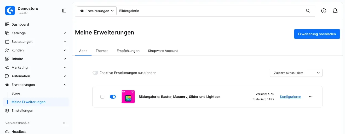 Das Plugin in Meine Erweiterungen, installiert und aktiv