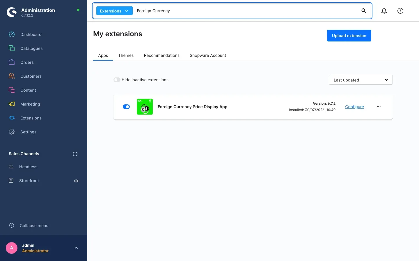 My extensions showing the installed and activated app