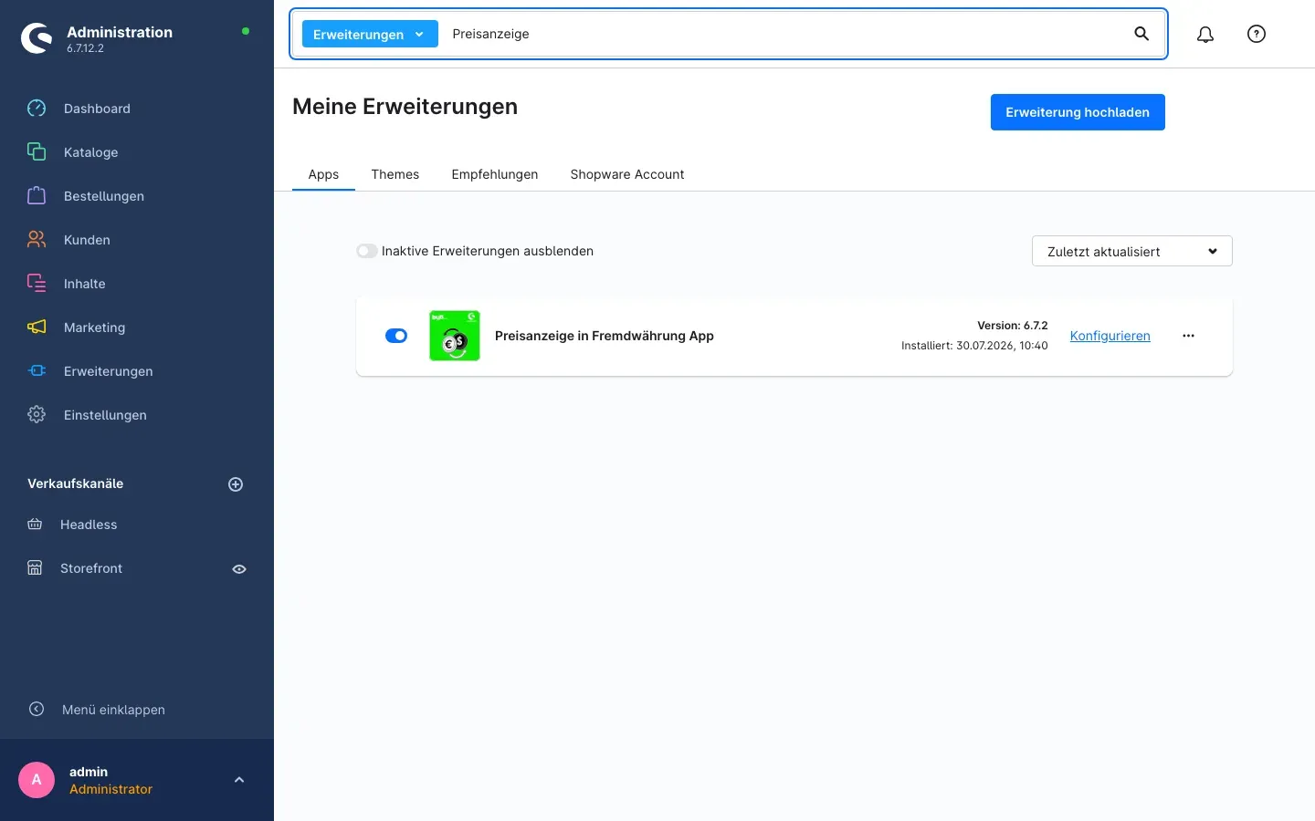 Meine Erweiterungen mit der installierten und aktivierten App