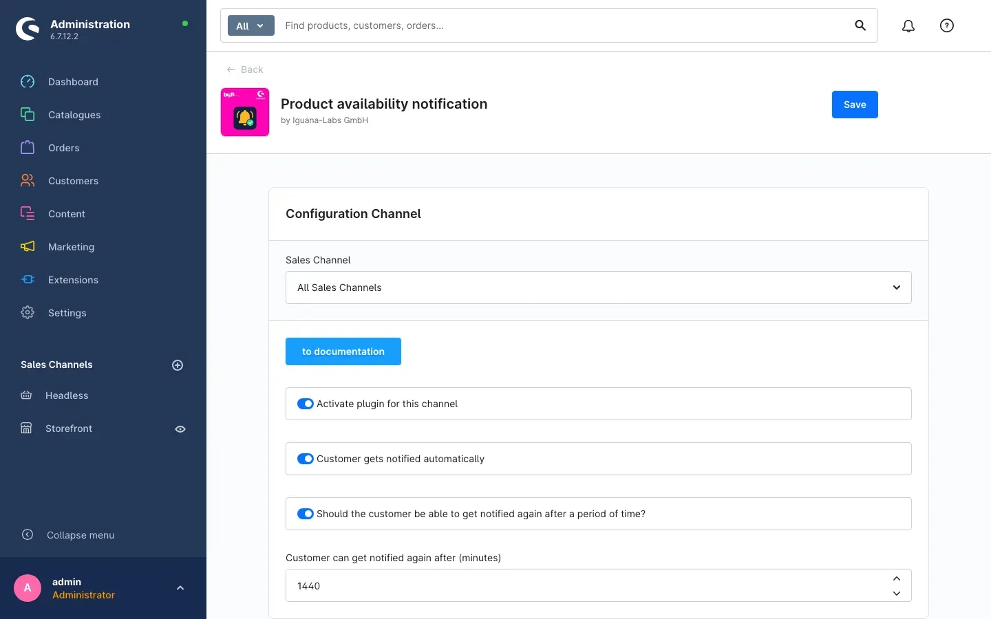Plugin configuration for a sales channel