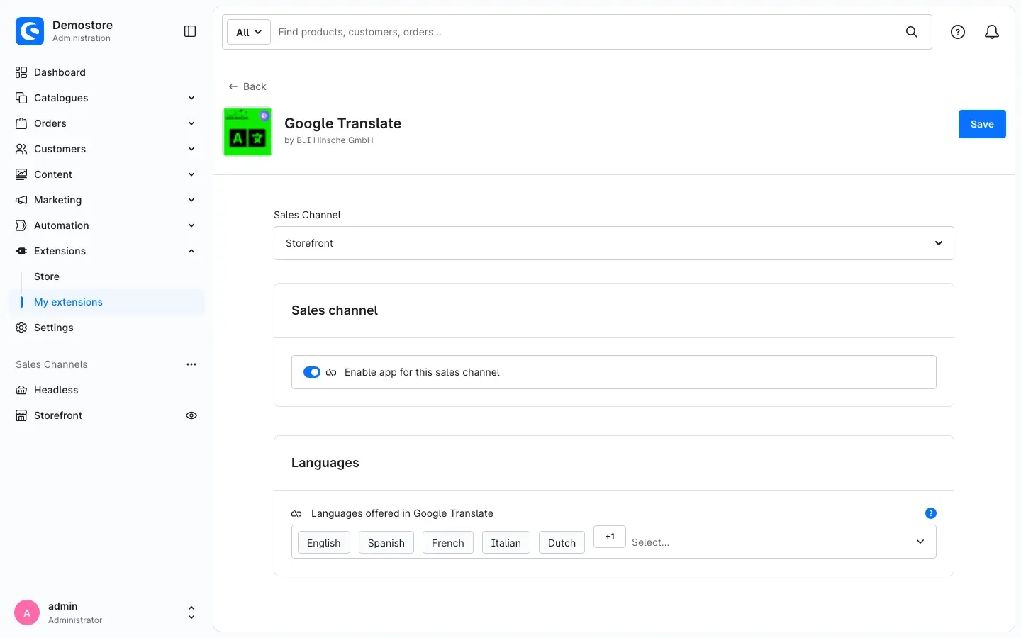 App configuration for the Storefront sales channel