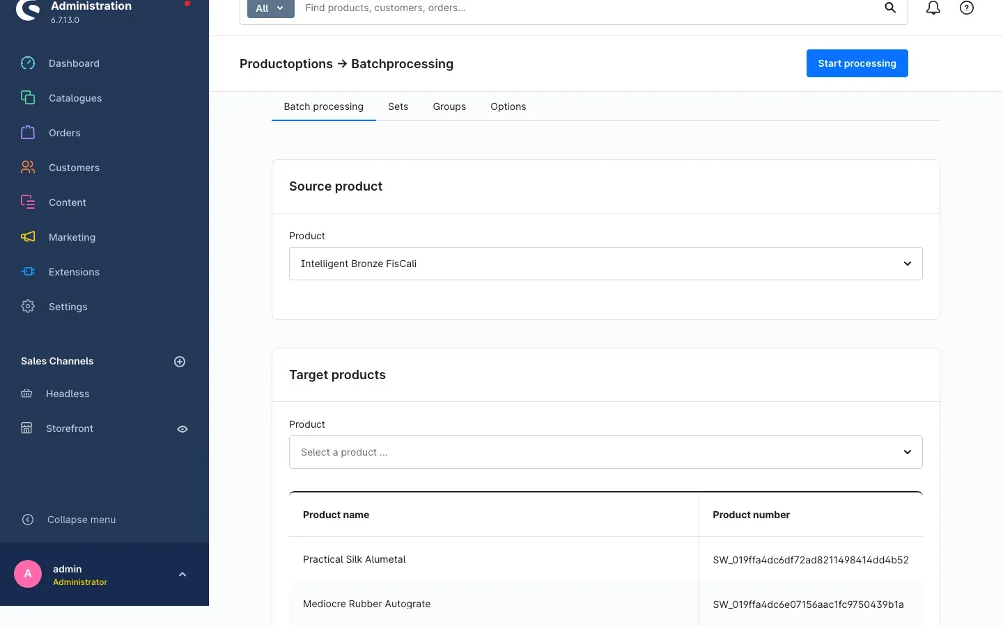 "Batch processing" tab with a source product and two target products selected