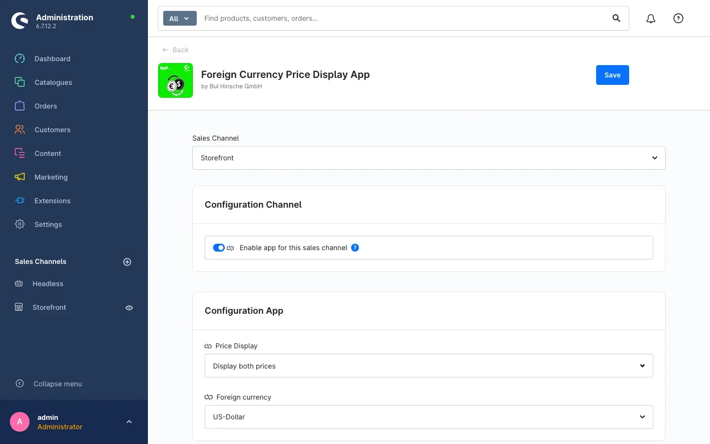 Configuration page of the app