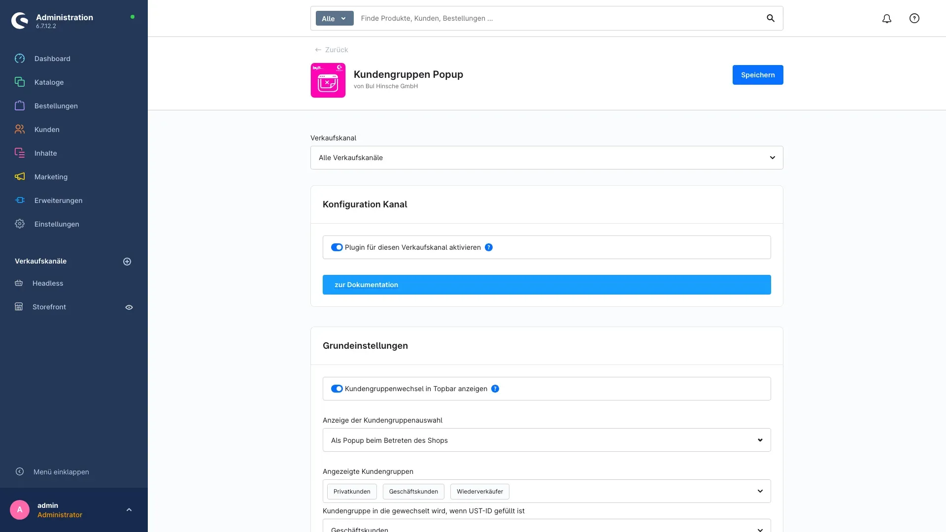 Karte „Konfiguration Kanal" mit dem Schalter und der Verkaufskanal-Auswahl