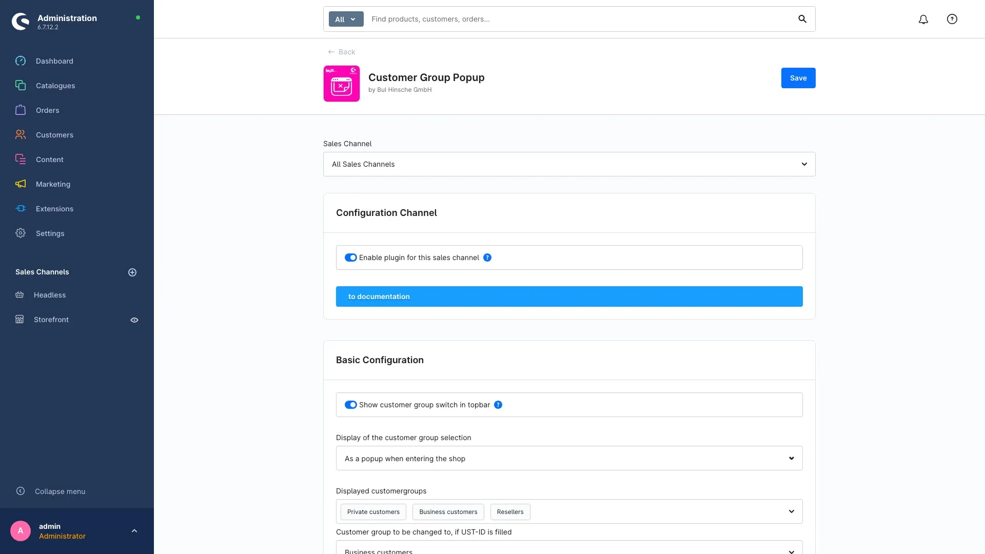 The "Configuration Channel" card with the switch and the sales channel selector