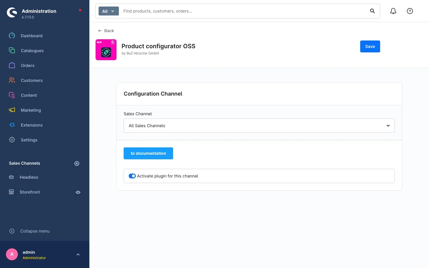 Configuration page with sales channel selector and toggle