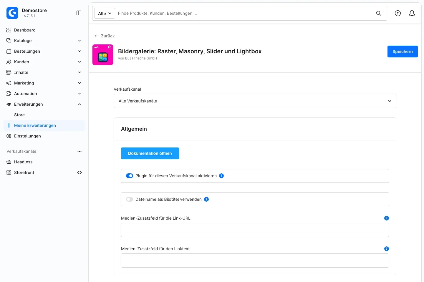 Plugin-Konfiguration mit Verkaufskanal-Auswahl und dem Bereich Allgemein