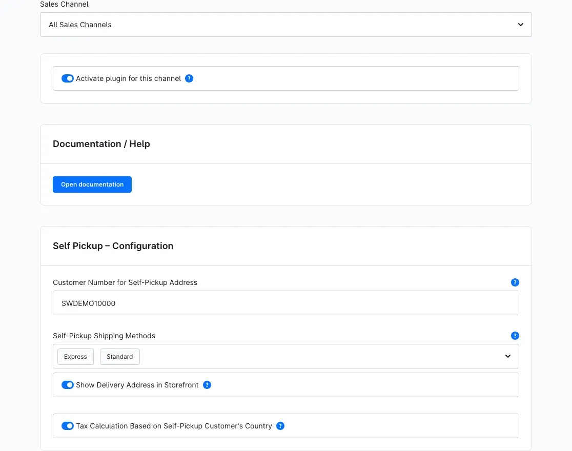 The full configuration page: sales channel selector, the activation switch beneath it, then "Documentation / Help" and "Self Pickup – Configuration"
