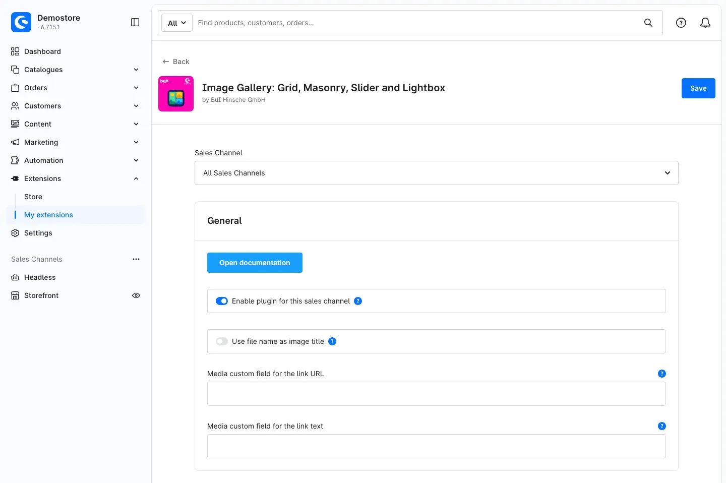 Plugin configuration with sales channel selection and the General section