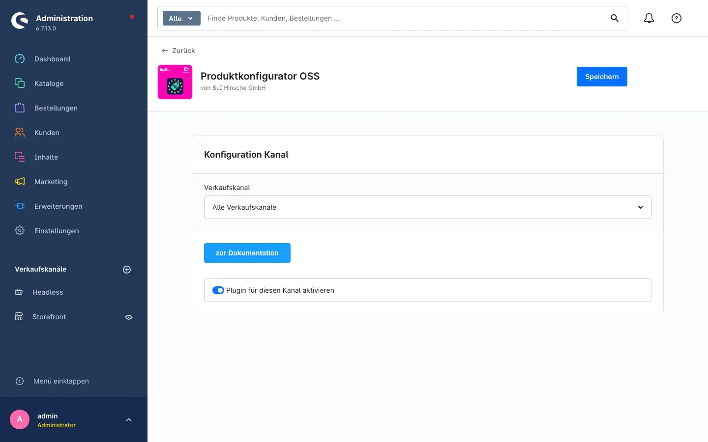 Konfigurationsseite mit Verkaufskanal-Auswahl und Schalter