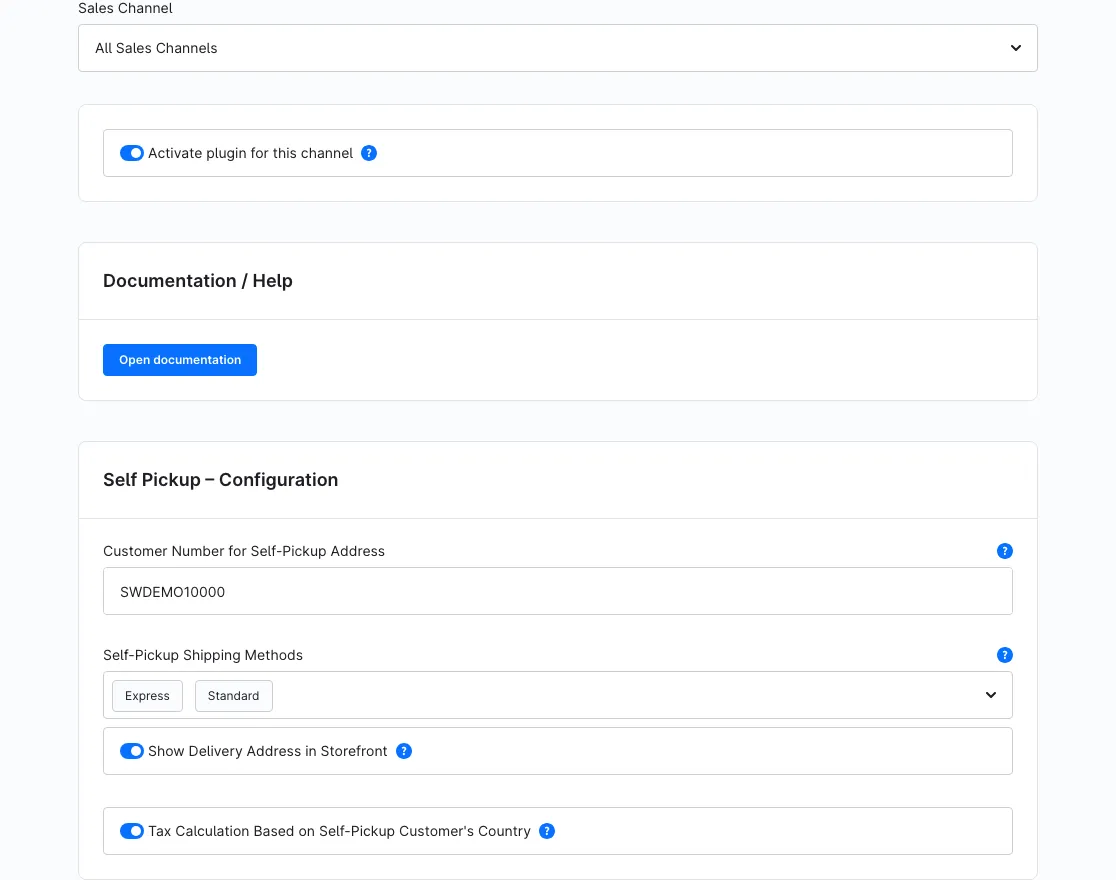 The full configuration page: sales channel selector, the activation switch beneath it, then "Documentation / Help" and "Self Pickup – Configuration"
