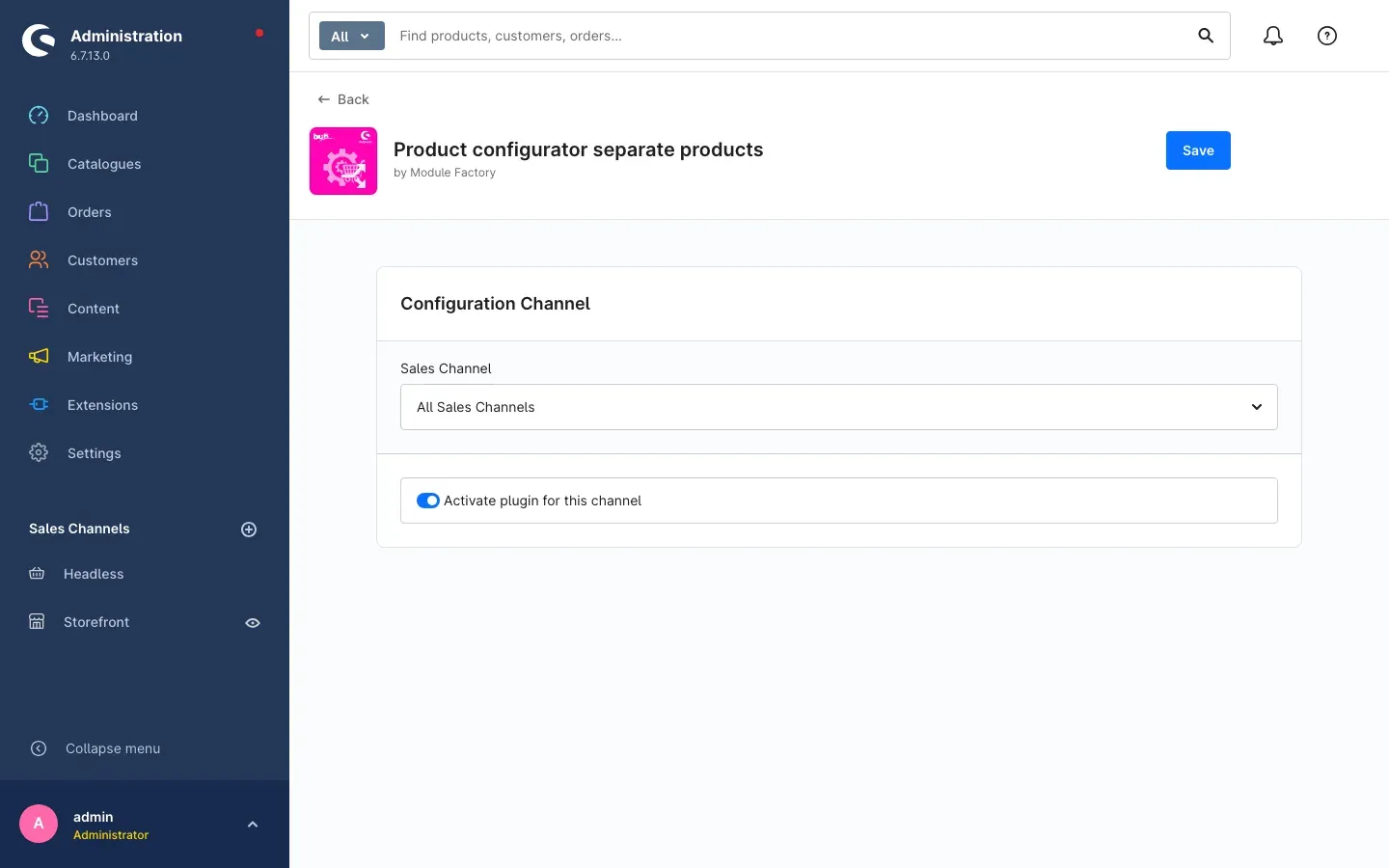 Configuration page with the channel toggle